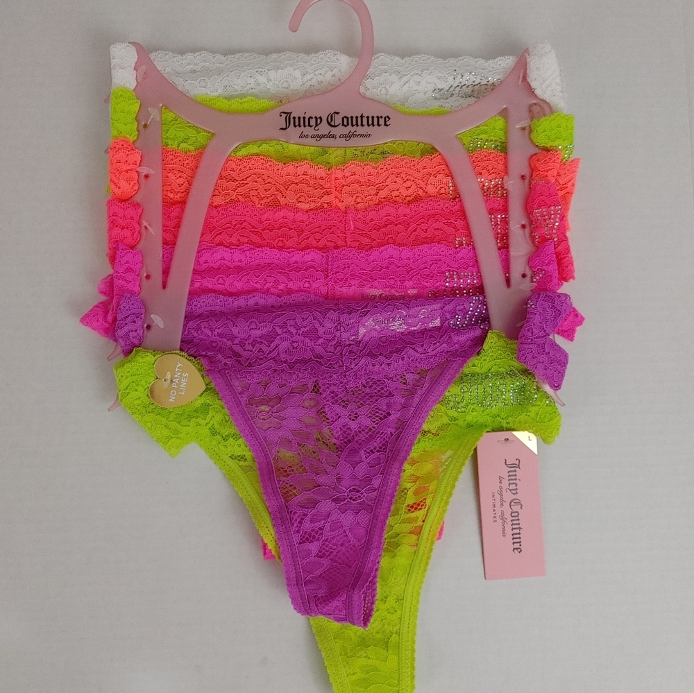 JUICY COUTURE 7 PACK LACE COTTON THONG PANTIES NEON COLORS RHINESTONE  SZ L